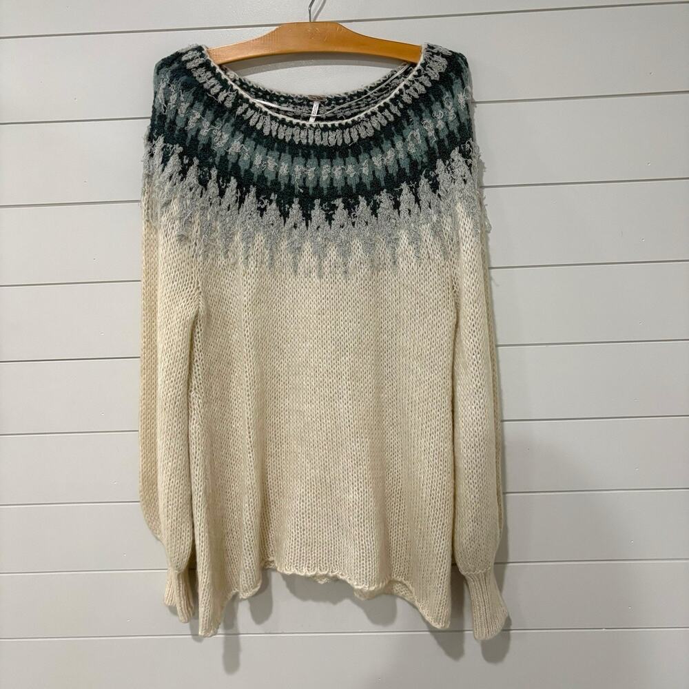 Free People | Sweater Pullover Boat Neck Boho Cream- Size Large